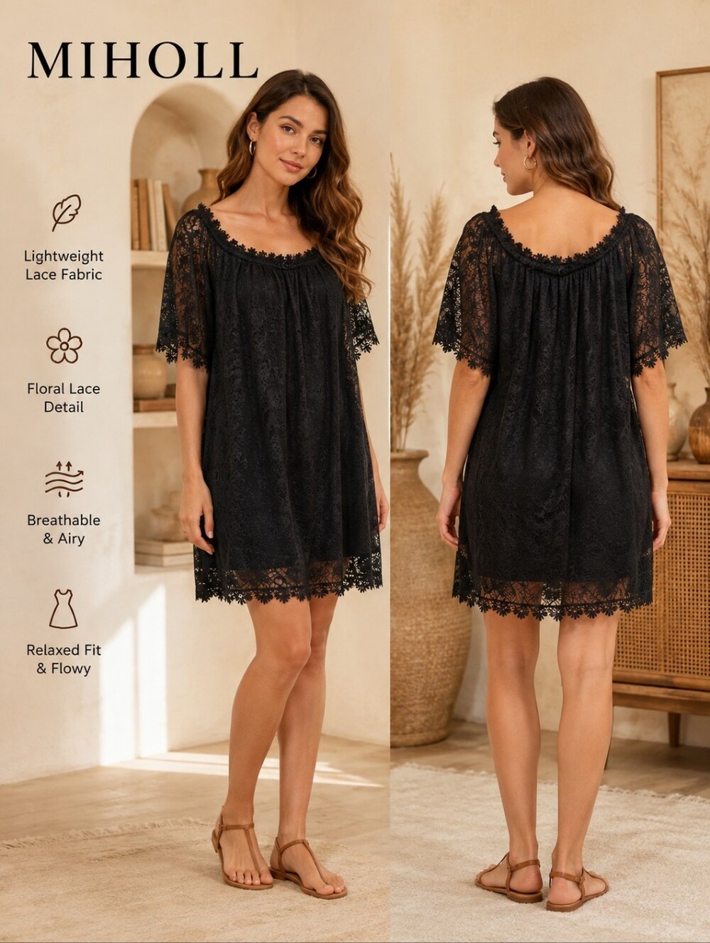 Miholl Black Floral Lace Shift Dress Boho Crochet Bell Sleeve Mini Dress Size XL